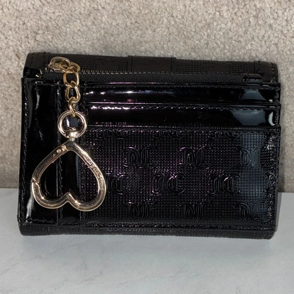 Juicy Couture Black Trifold Wallet - OS - Patent Monogram Heart Charm Y2K Glam